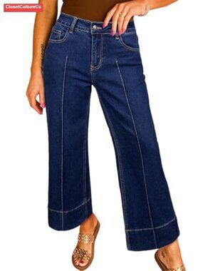 Wide Leg High Waisted Cropped Ankle Jeans Denim Pants
